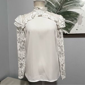 White Lace Ruffled long sleeves mock neck Size M